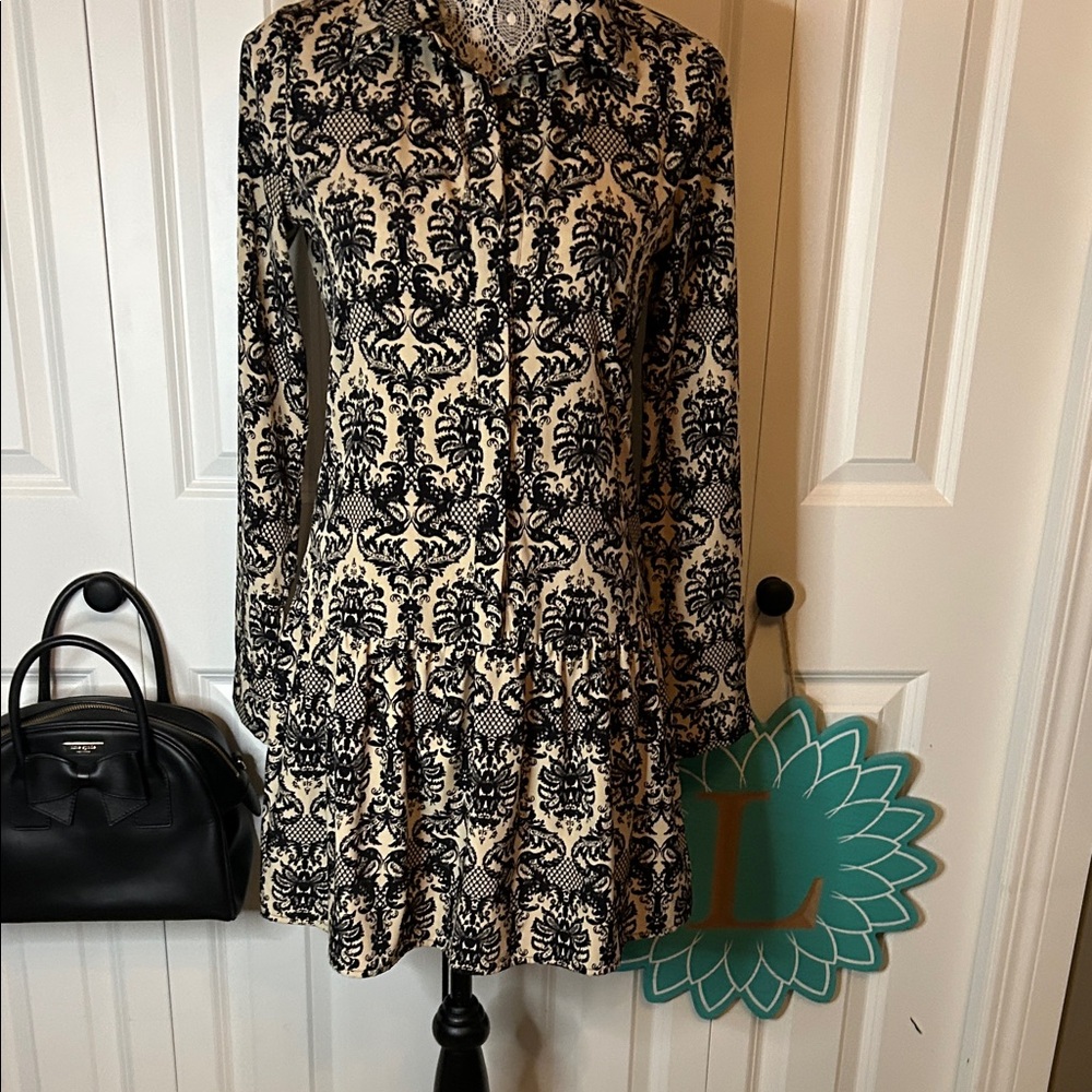 Elegant Black and Cream Patterned Shirt Dress with ruffle